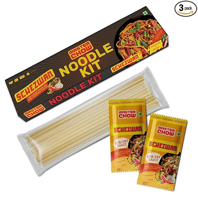 MasterChow Schezwan Noodle Kit | All-in-One Meal Kit - Chilli Garlic Stir Fry Sauce with Hakka Noodles | Ready to Cook Easy Meals | Street Style Chowmein | All-Natural Ingredients | 10 Mins Noodles