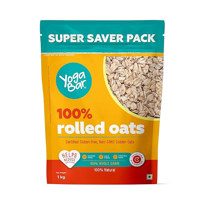 Yogabar 100% Rolled Oats 1 kg Pouch | Premium Golden Rolled Oats, Gluten Free Oats with High Fibre, Non GMO | Healthy Food with No Added Sugar | Diet Food for Weight Management - 1 kg