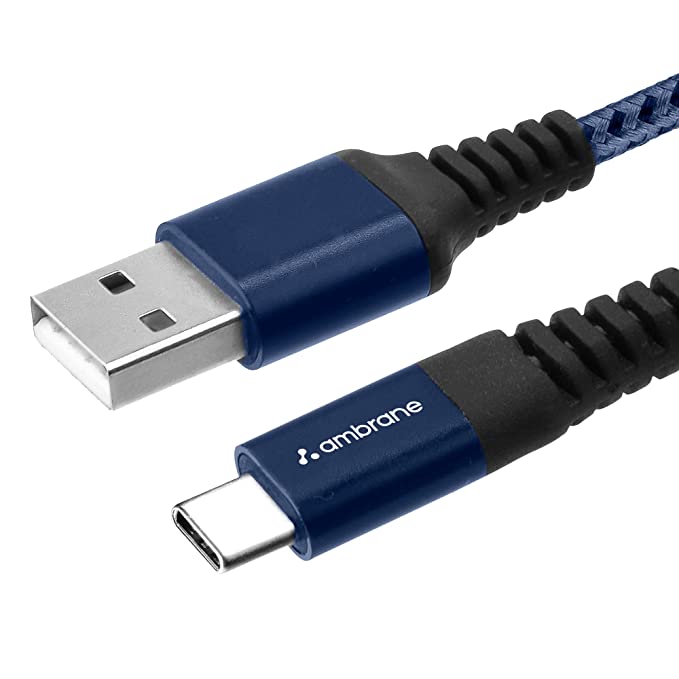 Ambrane Unbreakable 3A Fast Charging Braided Type C Cable for Smartphone, 1.5 Meter (RCT15, Blue) Supports QC 2.0/3.0 Charging