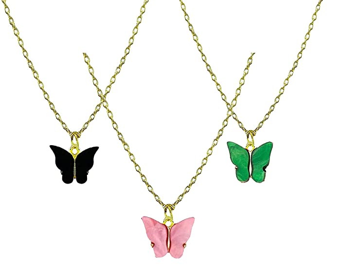 Okos Crystal Jewellery Gold Plated Pack of 3 Multi Color Fluttering Butterly Delicate Pendant Necklace Combo Crafted For Girls and Women PD1000874