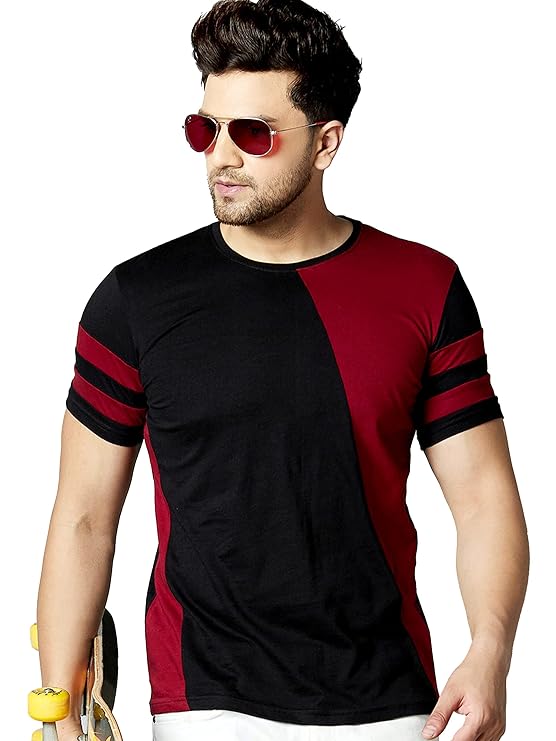 AUSK Premium Look Round Neck Half Sleeves Cotton T-Shirt for Men Black and Red&