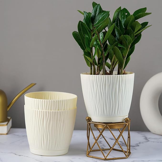 Nurturing Green® Set of 3 Self Watering Pots for Home, Decor & Garden | Flower Pots, Planters for Indoor Plants | Plastic Pots for Living Room (Color: Ivory, Size: 14cm x 12.5cm Each)