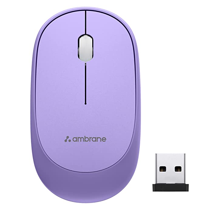 Ambrane SliQ Wireless Optical Mouse with 2.4GHz, USB Nano Dongle, 3 Keys with Silent Clicks, 1200 DPI, Comfortable Grip (Orchid Purple)