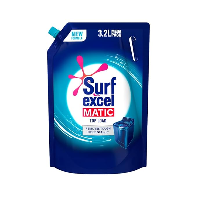 Surf Excel Matic Top Load Liquid Detergent 3 L Refill Pouch, Specially designed to remove Tough Dried Stains, 1st time in Washing Machine