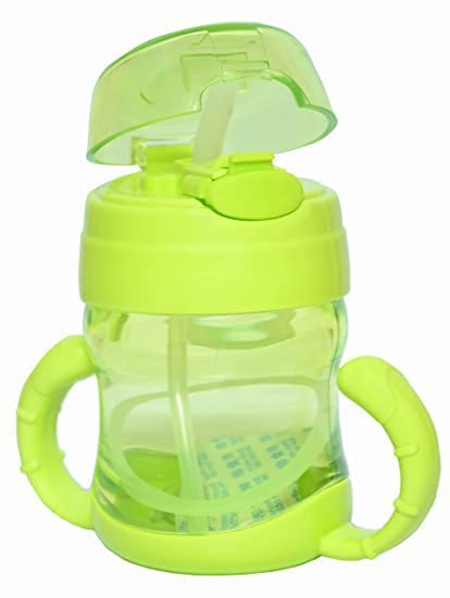 Baby Sipper Bottle Leakproof Durable Twin Handle BPA Free Non-Toxic with Straw - Plain Design on Water Bottle with Sipper for Kids Girls & Boys Green, Plastic