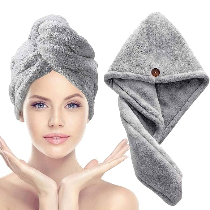 Microfiber Hair Towel for Women Men, 500 GSM Super Absorbent Hair Drying Towel Wrap with Button, Quick Dry Hair Turban Cap, Soft Lightweight Hair Wrap Towel, 25 x 65 cm, Grey
