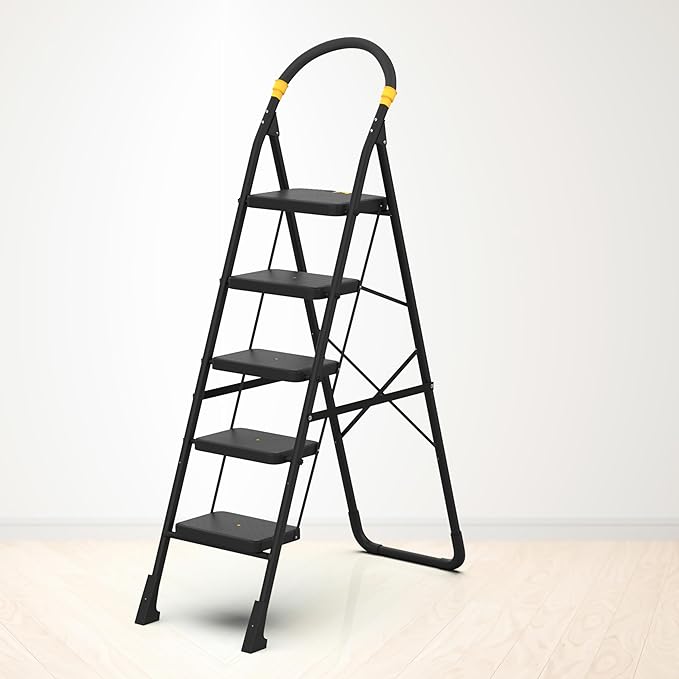 Asian Paints TruCare Home Ladder, Foldable with 5 Slip-Resistant Steps, Durable, Heavy Duty, Anti-Skid Steel Ladder | Guard Rail for Safety (5 Steps, Black)