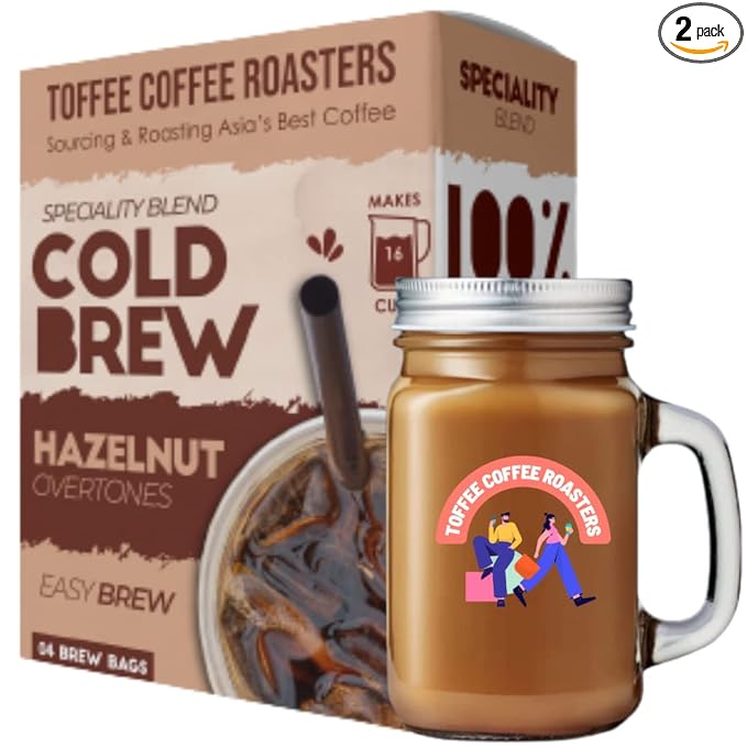 Toffee Coffee Roasters | Hazelnut Cold Brew Coffee | Free Mason Jar | Easy Brew Grounded Coffee |Cold Brew Coffee|Pack of 3 Bags|100% Arabica Coffee |Makes 12 Cups of Coffee