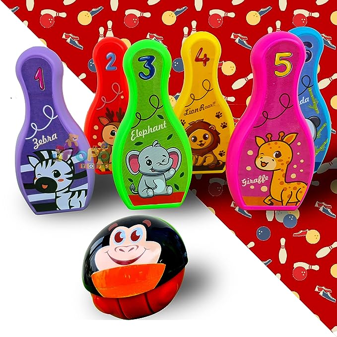 Popo Toys Cute Animals Bowling Game Set | 6 Animated Pins & 3D Gyro Bals | Sport Toy | Indoor Play | Best Gift for Boys/Girls/Kids | Cute Character | Pin Ball, Multicolor