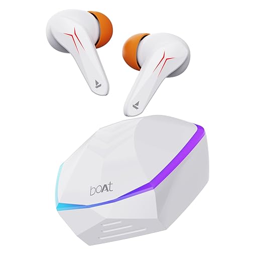 Boat Immortal 121 TWS Earbuds with Beast" Mode(40ms Low Latency) for Gaming, 40H Playtime, Blazing LEDs, Quad Mics ENx", Boat Signature Sound, ASAP" Charge(10 Mins= 180 Mins)(White Sabre)