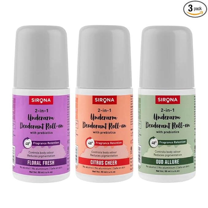 Sirona Deodorant Roll On for Women - 48 Hours Retention, Underarm Deo, Floral Fresh, Lemon Fragrance & Oud Allure (50 ml, Pack of 3)