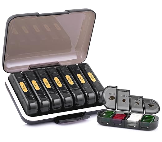 POPCUBE Premium weekly pill organizer 4 times a day, Medicine organizer box| Medicine box, portable travel pill box weekly with large compartments moisture-proof pill case for vitamin, Medicine, pills, supplements (Black-4 Compartment)