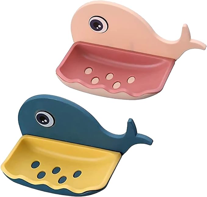 VEHTRI Soap Holder for Bathroom Kitchen Sink Self Adhesive Soap Stand for Bathroom with Removable Drain Tray,Non-Drill Fish Shape Cute Wall Mount Soap Holder with Magic Sticker(Multi-Color) (Plastic)