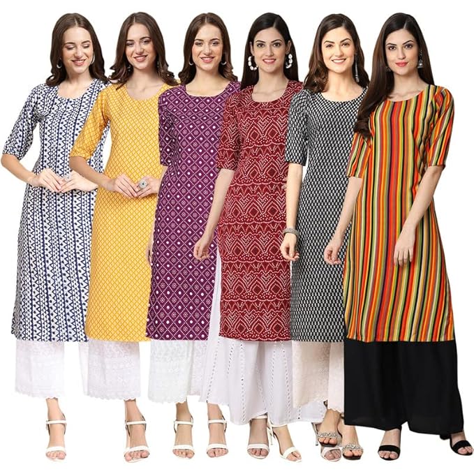 Pinkmint Women's Printed Kurti for Women's Round Neck Straight Kurti for Women (Pack of 6 | Avaiable in Plus Size)