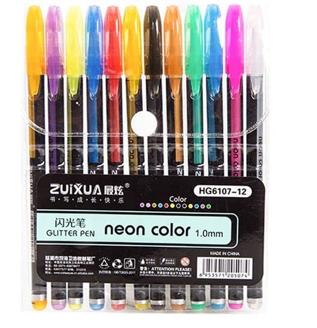 Crackles Neon Pens 12 Pcs Neon Glitter Pens Set Gel Colour Pens Set Color Stationary For Gift Colorful Pen Gift for Kids Coloring Sketching Painting Drawing.