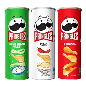 Kellogg's Pringles Potato Chips Combo, 316g | Combo of Original (107g) + Sour Cream & Onion (107g) + Pizza (102g) | Crispy Snack for Movie Night & Sports Binging | On-the-Go Can