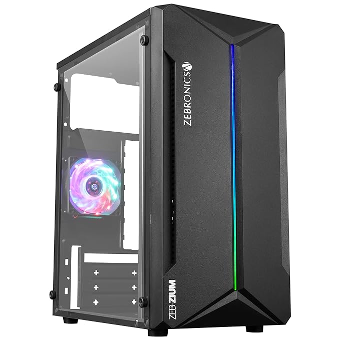 ZEBRONICS ZIUM Mid-Tower Gaming Cabinet, M-ATX/M-Itx, Fins Focussed Multicolor Rear Fan, Multi Color Led Strip, Acrylic Glass Side Panel, USB 3.0, USB 2.0