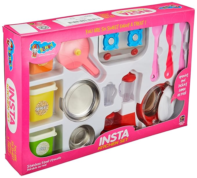 Insta kitchenset Kitchenware Set Toy Non Toxic Plastic and Stainless Steel Cooking Accessories for Girls Age 3 Years Plus