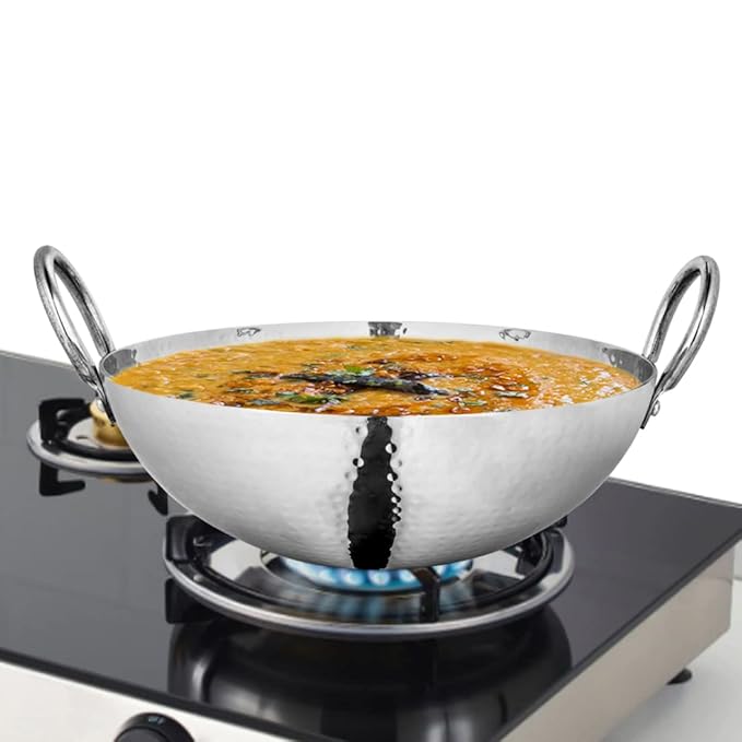 Shri & Sam Stainless Steel 1.1 Litre Triply Deep Pro Light Weight Hammered Kadhai, 18 cm, 702 Grams, Gas & Induction Compatible, 5-Year Warranty