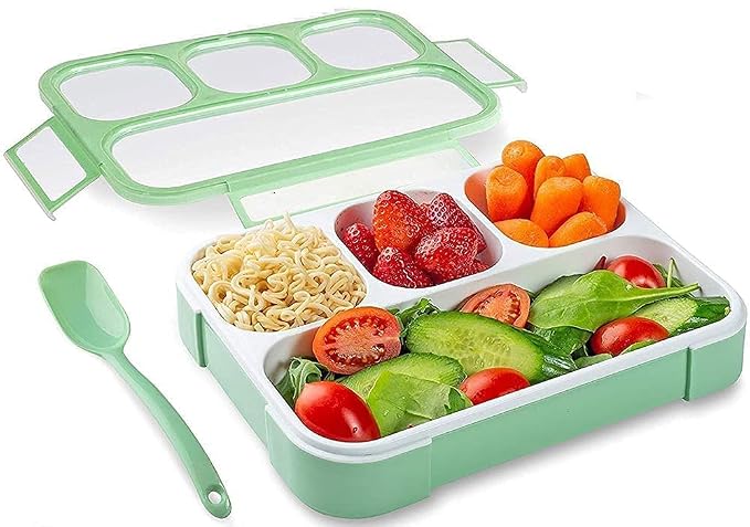 Primelife Plastic Leak Proof 4 Compartment Lunch Box Reusable Microwave Freezer Safe Food Containers with Spoon for Adults and Kids - Multicolor (4 Comp Lunch Box)