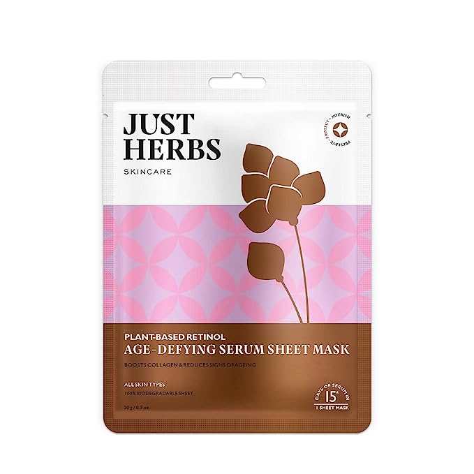 Just Herbs Sheet Mask Glowing Skin Serum Masks, 20g (Plant Based Retinol)