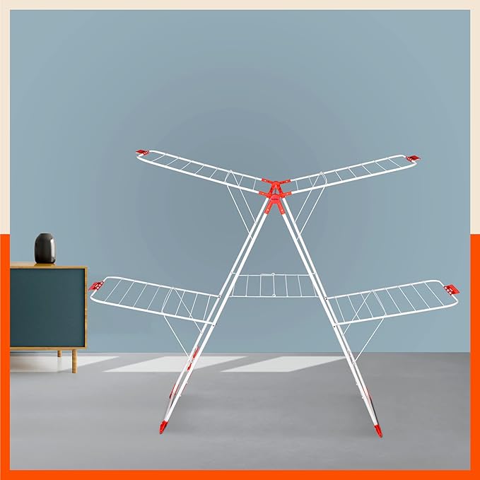 Bathla Mobidry Neo+ 2-Level Foldable Cloth Drying Stand for Home with Socks Holder | 2 Year Warranty | (White & Orange)
