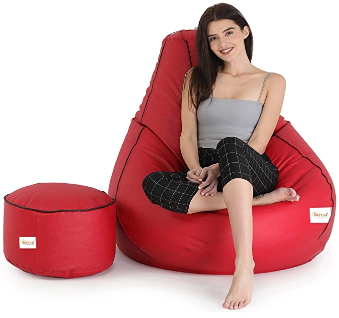 SATTVA Faux Leather XXXL Classic Filled Bean Bag with Footrest Combo (with Beans) (Red with Black Piping)
