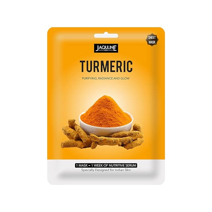 Jaquline USA Turmeric Sheet Mask| Zero paraben and sulphate| Biodegradable Ber masks| Light-weight| Hydrating and Skin firming
