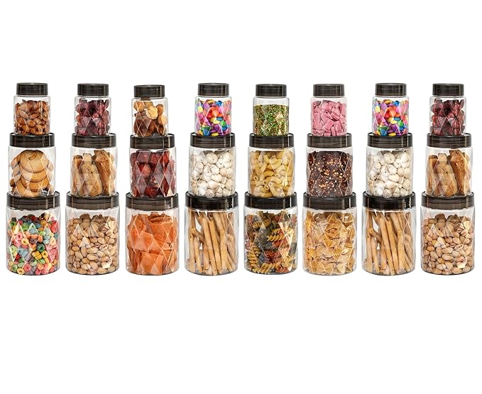 CELLO Diamond Plastic Kitchen Storage Containers Set of 24 with Lids (8 x 300ml, 8 x 650ml, 8 x 1200ml), Clear For Grains, Pulses, Spice, Cereals, Cookies, Dry Fruits | Fridge Storage Container