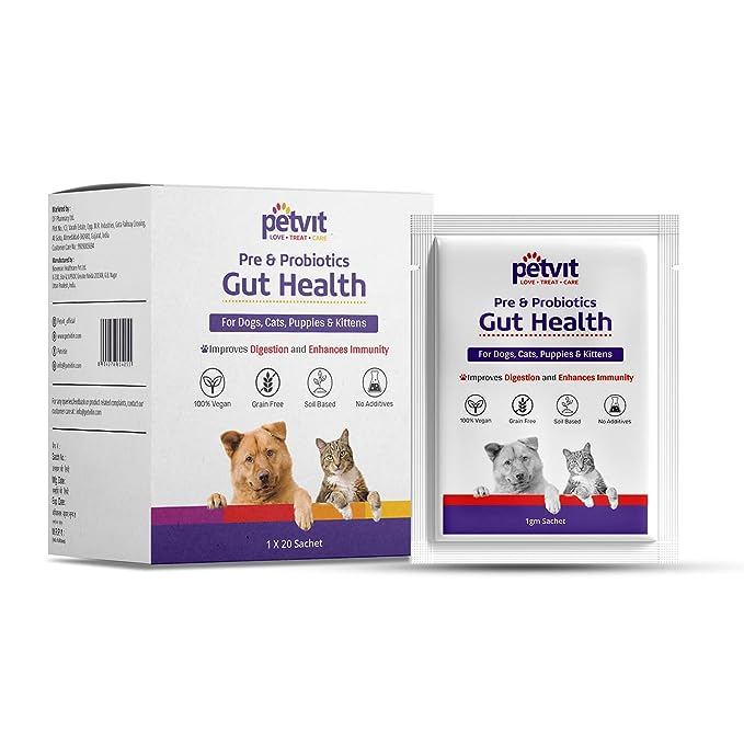 Petvit Pre & Probiotics Gut Health Powder for Dogs, Cats, Puppies & Kittens, Vet Recommended | Improves Digestion and Enhance Immunity |for All Ages Breed Dogs & Cats  -  20 Sachets