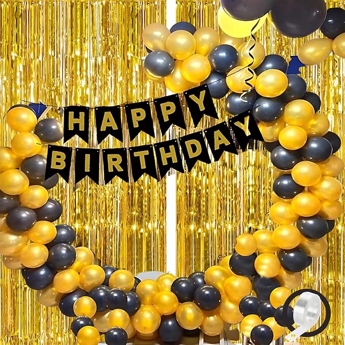Flyloons Happy Birthday Decoration Items for Boys Girls Men Women Husband with Golden and Black Balloons, Golden Foil Curtain, Black Banner, Arch tape 54pcs Set