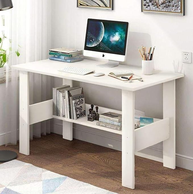 Lukzer Engineered Wood Computer Desk with One Tier Shelves Laptop Study Table for Office Home Workstation Writing Modern Desk (ST-004/ White / 90 x 50 x 77 cm)
