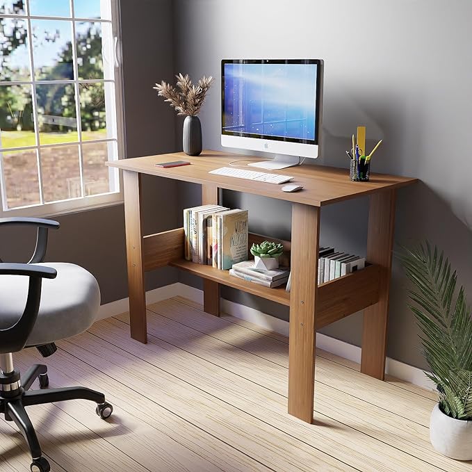 Lukzer Engineered Wood Computer Desk with One Tier Shelves Laptop Study Table for Office Home Workstation Writing Modern Desk (ST-004/Oak Brown / 90 x 50 x 77 cm)