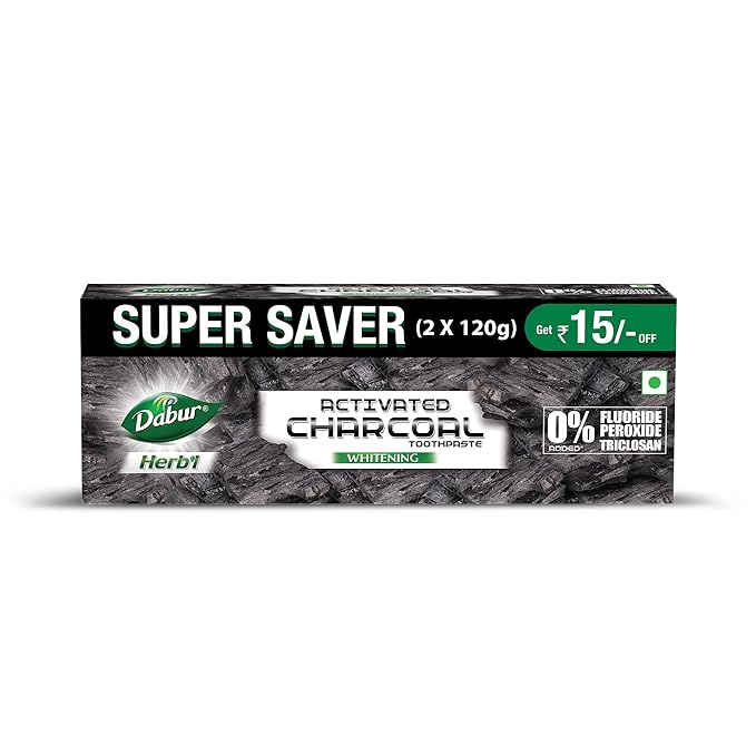 DABUR Herb'L Activated Charcoal Toothpaste-240G (120Gx2,Pack Of 2)|Black Gel Toothpaste|Whitening |Fluoride Free|Fights Plaque&Extrinsic Stains|With Power Of Mint|Cool&Refreshing Mouth Experience