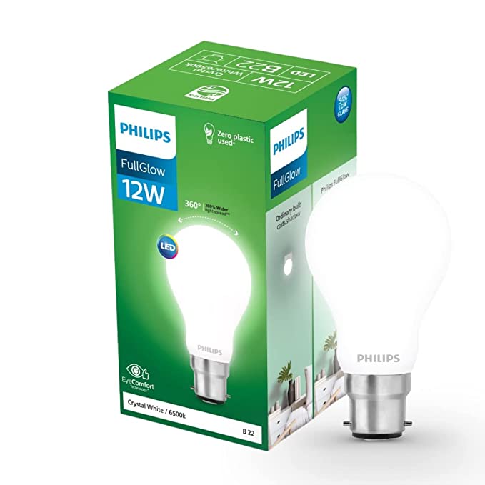 [Size: Pack of 1] - PHILIPS 12-Watt Glass LED Bulb | Full Glow Energy Saver 1200 Lumen Frosted Diffused LED Bulb | Base -B22 | Crystal White,Pack of 1