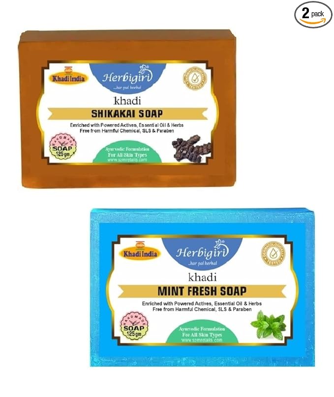 [Apply Coupon] - HERBIGIRI KHADI Natural Soap Combo- Shikakai & Mint Fresh Handmade Soap Enriched with Essential Oils(Pack of 2, 125g Each)