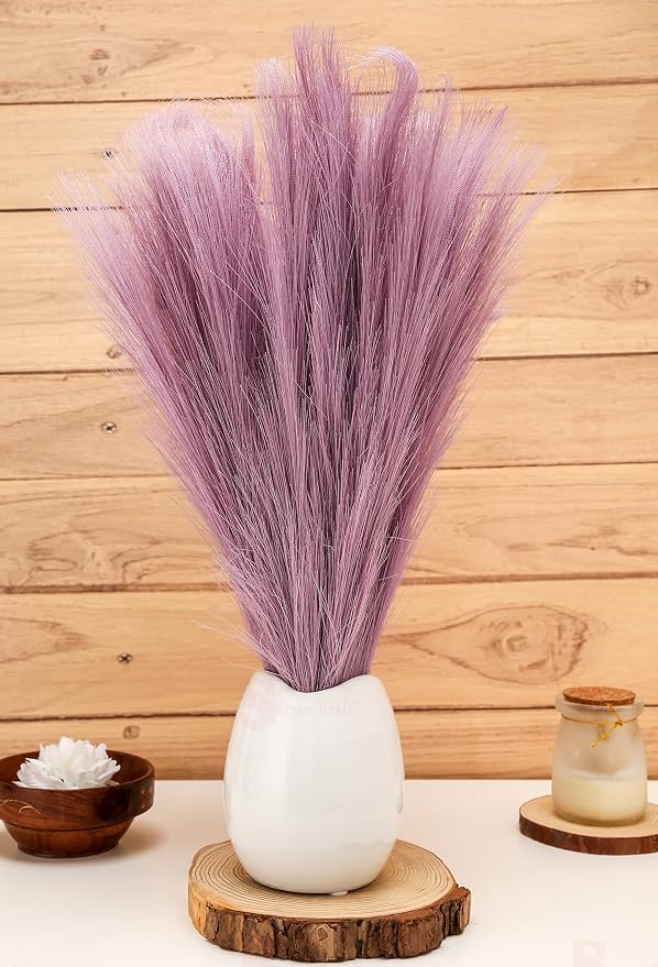 SATYAM KRAFT 3 Pcs Artificial Flowers Faux Pampas Grass Small Fake Flower Plant for Home Decor, Office, Bedroom,Living Room,Table Decoration, Dried Plants (Without Vase Pot) (Light Purple)