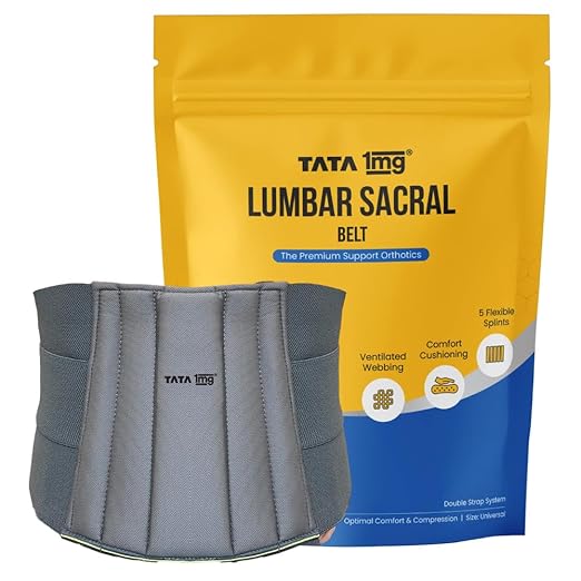 TATA 1MG Lumbar Sacral Belt for Relief from Back Pain and Muscle Spasms | With 5 Flexible Splints for Optimal Lower Back and Waist Support | For Men and Women | Universal Size | Pack of 1