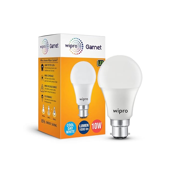 Wipro Garnet 10W LED Bulb for Home & Office |Cool Day White (6500K) | B22 Base|220 degree Light coverage |4Kv Surge Protection |400V High Voltage Protection |Energy Efficient | Pack of 1