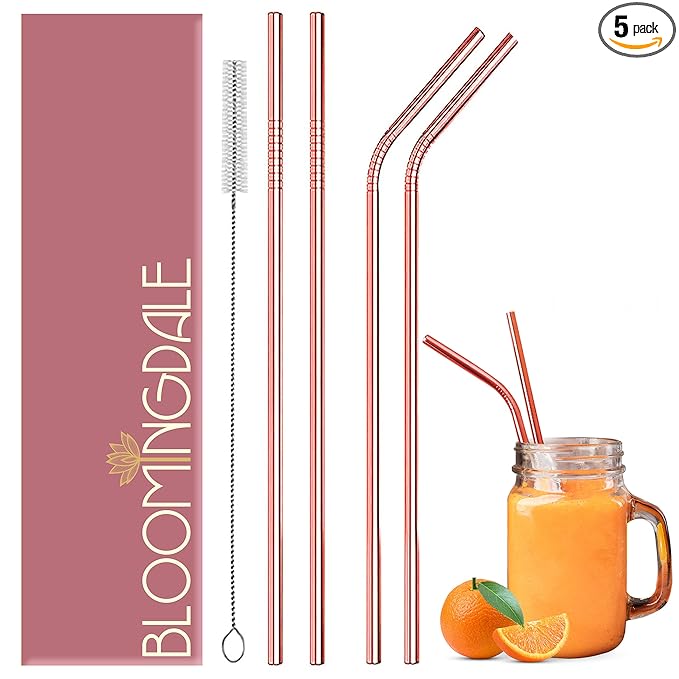 Bloomingdale Reusable Stainless Steel Straw with Cleaning Brush Long Metal Straws for Drinking, Reusable Set of 5 (2- Bend Pipe, 2- Long Straw, 1-Cleaning Brush) - Rose Gold