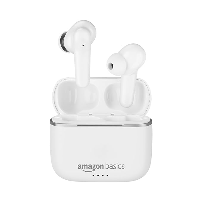 Amazon Basics True Wireless in-Ear Earbuds with Mic, Touch Control, IPX5 Water-Resistance,Bluetooth 5.0, Up to 80 Hours Play Time, Voice Assistance&Fast Charging (White)