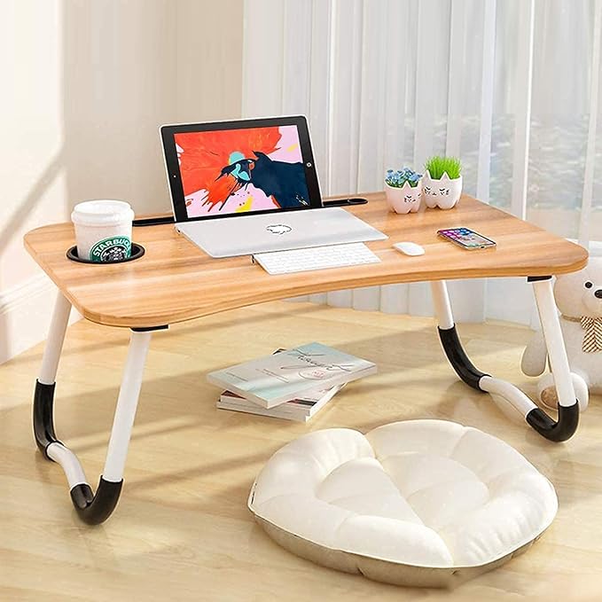AUNO Standard Multi-Purpose Laptop Table With Dock Stand/Study Table/Bed Table/Foldable And Portable/Ergonomic & Rounded Edges/Non-Slip Legs/Engineered Lapdesk With Cup Holder (Wood), 39.3 Cm, 59.7 Cm