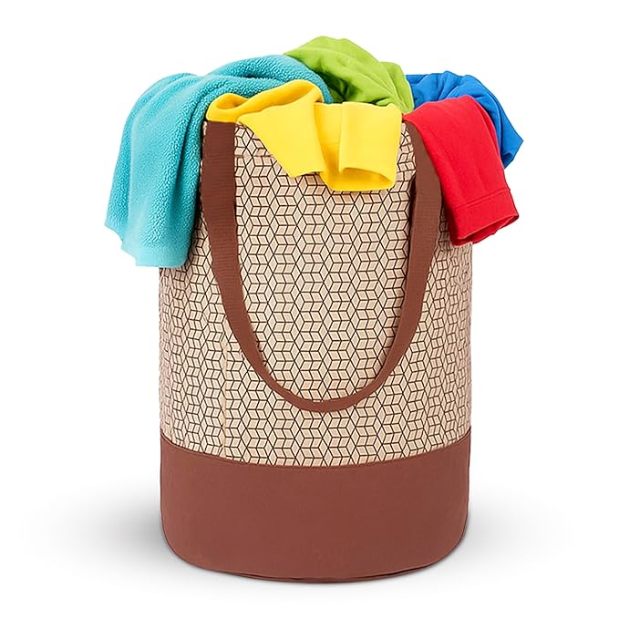 GLUN® Round Printed Laundry Bag, Beige & Brown Foldable Waterproof 45 Liter Capacity, Non-Woven Toys & Cloth Storage Bag Pack Of 1