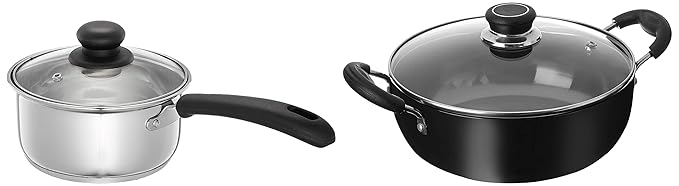 Amazon Brand - Solimo Hard Anodized Aluminium Deep Kadhai (22cm, 2.5 litres), Black Stainless Steel Saucepan with Glass Lid, Induction Base (16 cm, 1.5L)