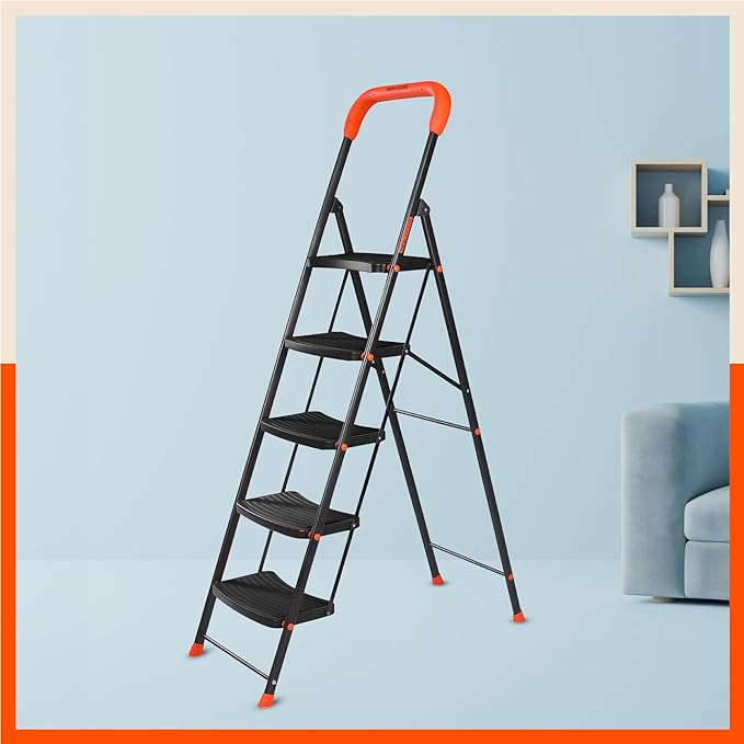 Bathla Ascend 5 Step Heavy Duty Steel Ladder for Home | 2 Year Manufacturer Warranty - Orange & Black