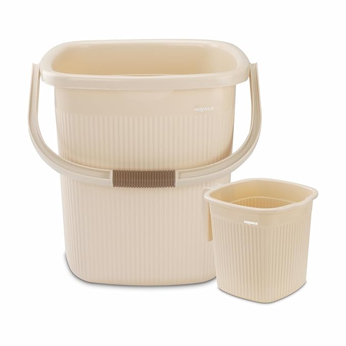 Nayasa Rimmy Plastic Bucket Set for Bathroom | Bucket and Mug (25 Liters & 1.5 Liters) | Bathroom Set of 2 | Bathroom Accessories Set | Bathroom Bucket Set | Ivory