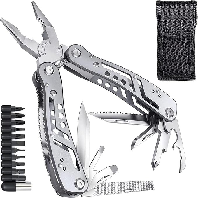 SKYTONE® 24 in 1 Multi-function Plier Tools Made of Stainless Steel with 11 Screwdriver bits with Safety Hook, Bottle Opener, Multifunction Pliers for Outdoor Backpacking & Gifting (24 In 1)