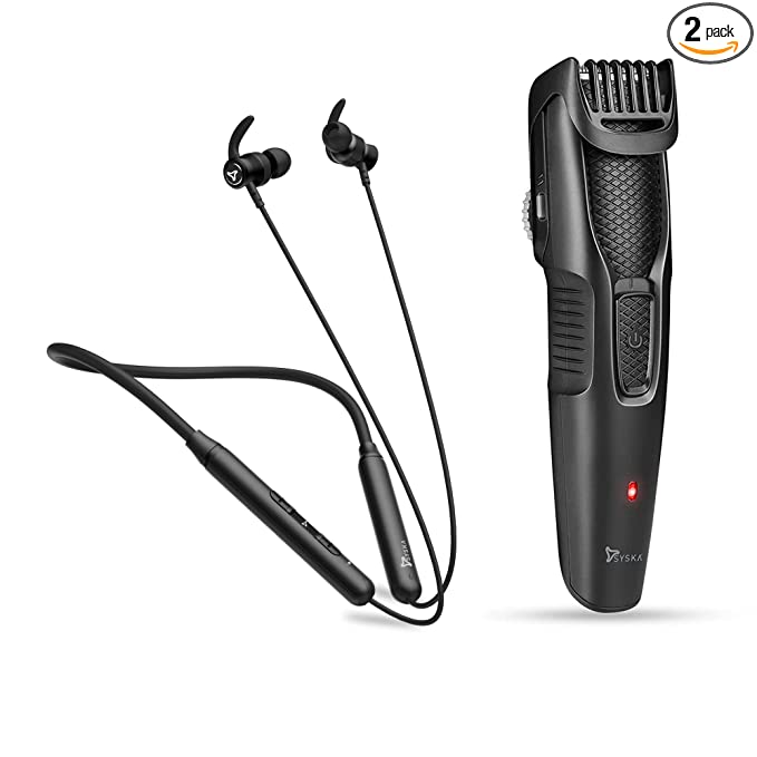 Syska HT200 PRO BeardPro Cordless Rechargeable Trimmer with 20 Length Settings; 45 min Runtime (Black) and HE3500 Bluetooth NeckBand (Black).