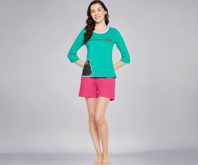 Clovia Women's Cotton Print Top & Chic Basic Shorts Set