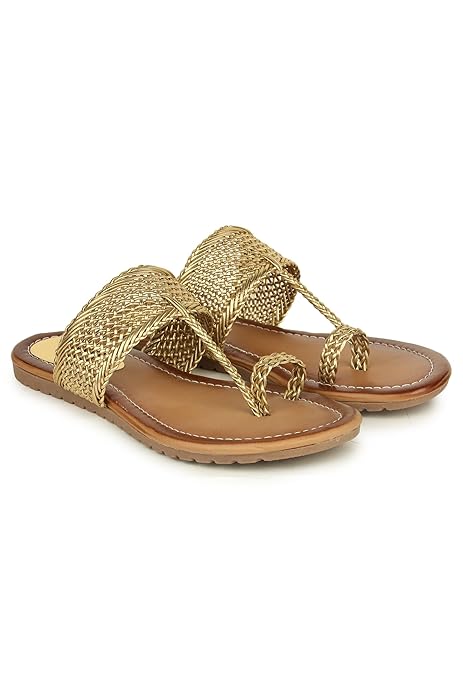 Shoetopia Women's Kolhapuri Flats  -  Handwoven Bunai Sandals with Toe Loop | Ethnic Slip-On Chappals for Casual Festive